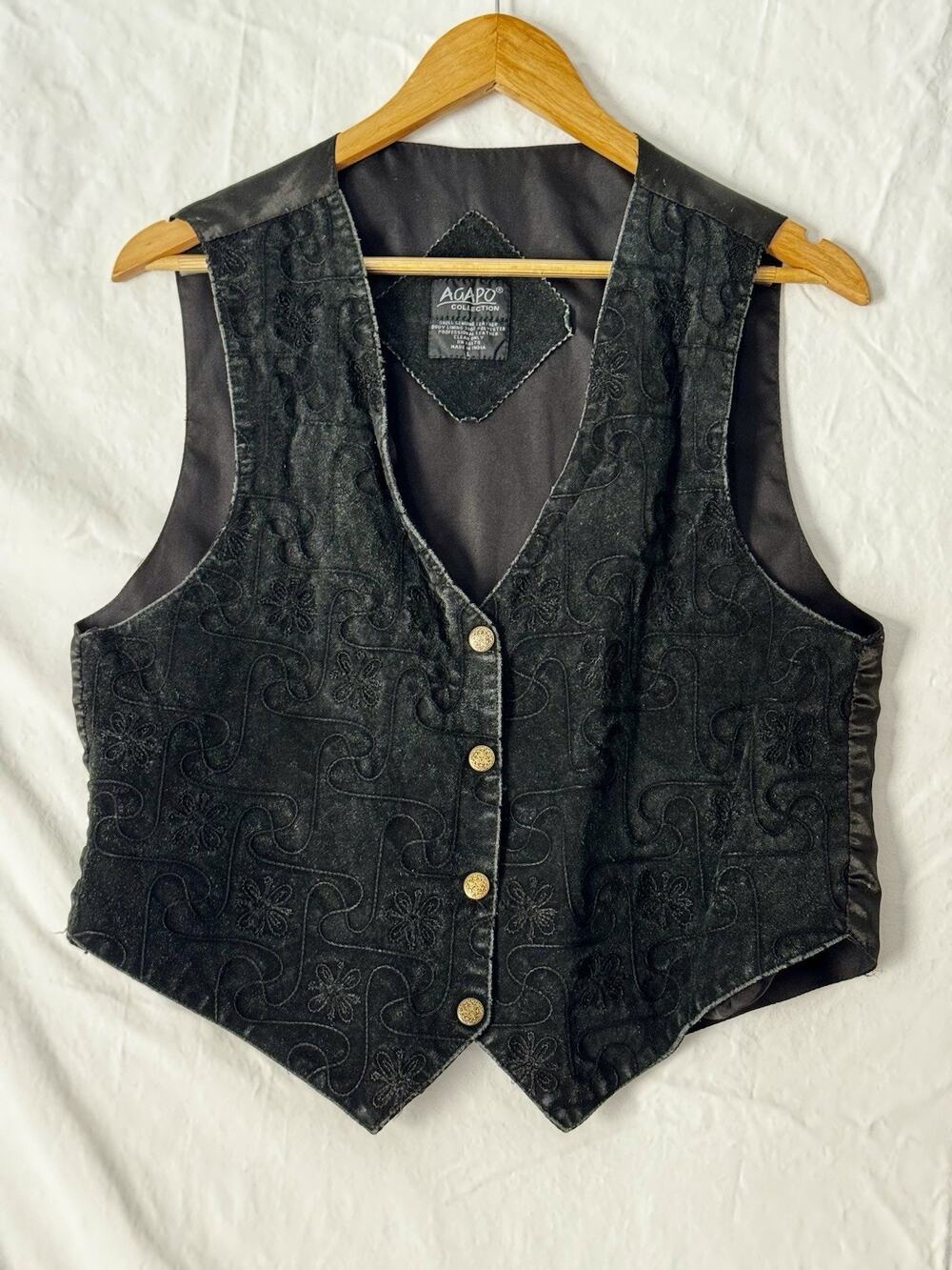 Agapo Women's Black Leather Embroidered Vest Size Large Boho Fest 90s Western